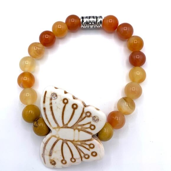 Howelite butterfky bracelet with mookanite and orange agate beads Handmade - Picture 2 of 5